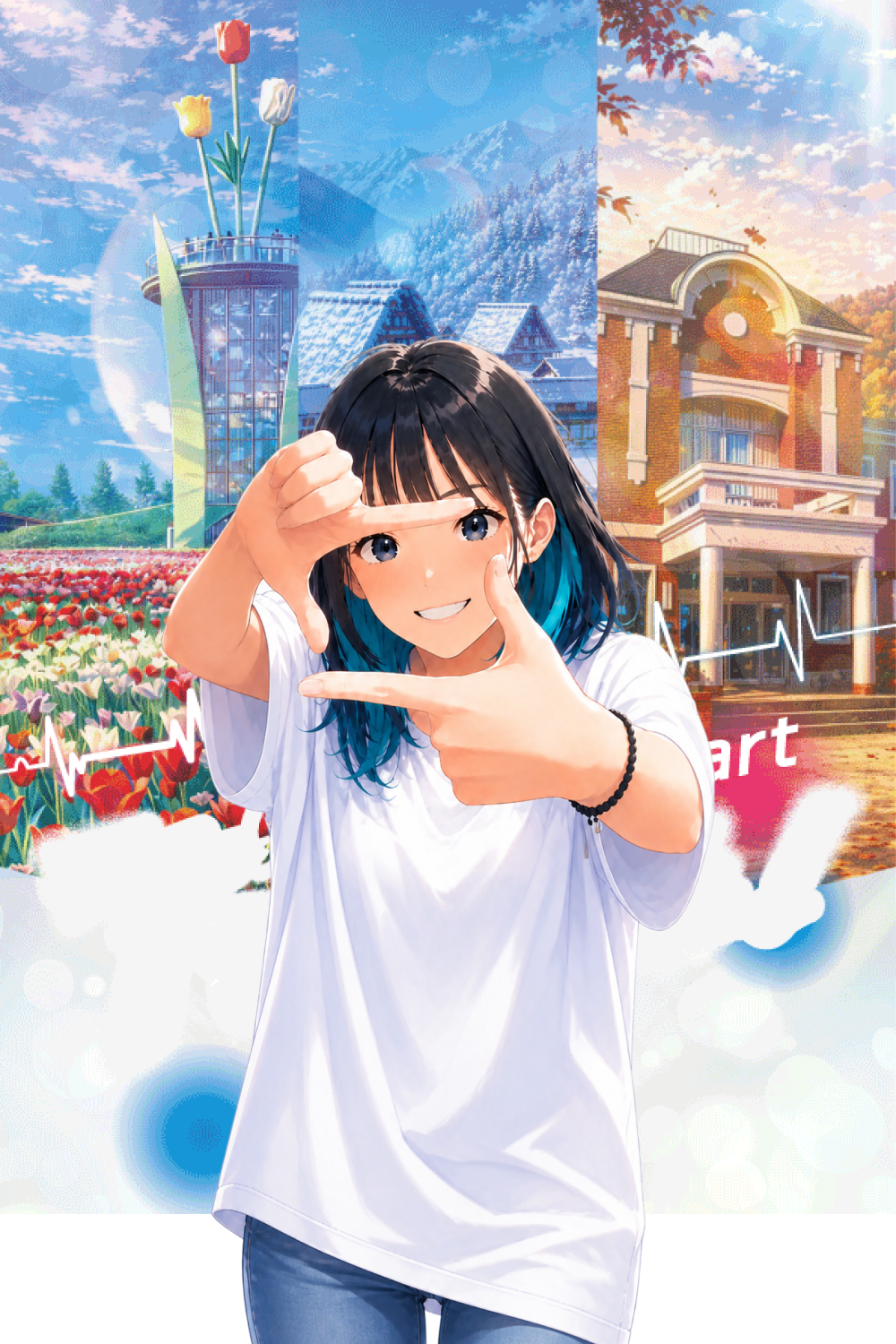 女の子が地域の風景を映しているイラスト